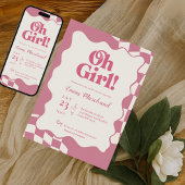 Retro Groovy Pink Checkered Oh Girl Baby Shower 招待状