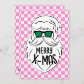 Retro Groovy Pink Checkered Santa Claus Christmas  シーズンカード (正面/裏面)