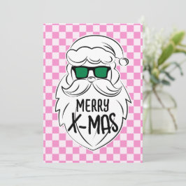 Retro Groovy Pink Checkered Santa Claus Christmas  シーズンカード