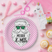 Retro Groovy Pink Checkered Santa Claus Christmas  ペーパープレート (パーティー)