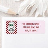 Retro Groovy Pink Checkered Santa Claus Christmas ラベル (インサイチュ)