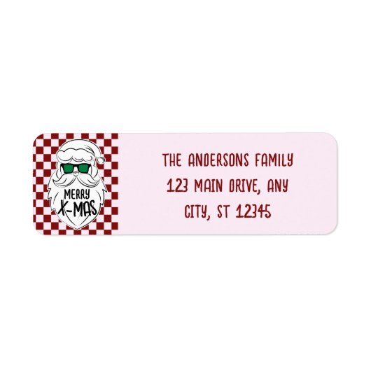 Retro Groovy Pink Checkered Santa Claus Christmas ラベル (正面)