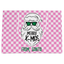 Retro Groovy Pink Checkered Santa Claus Christmas ラージペーパーバッグ