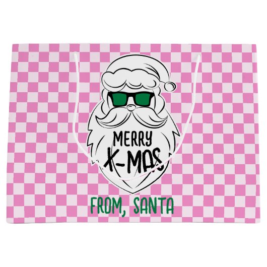 Retro Groovy Pink Checkered Santa Claus Christmas ラージペーパーバッグ (正面)