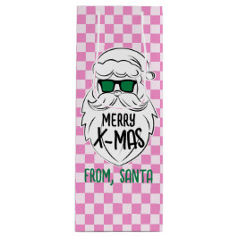 Retro Groovy Pink Checkered Santa Claus Christmas  ワインギフトバッグ