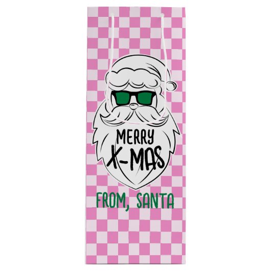 Retro Groovy Pink Checkered Santa Claus Christmas  ワインギフトバッグ (正面)