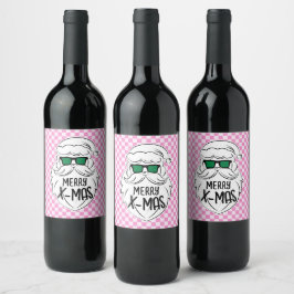 Retro Groovy Pink Checkered Santa Claus Christmas  ワインラベル
