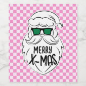 Retro Groovy Pink Checkered Santa Claus Christmas  ワインラベル (シングルラベル)