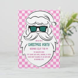 Retro Groovy Pink Checkered Santa Claus Christmas  招待状