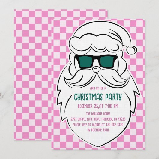 Retro Groovy Pink Checkered Santa Claus Christmas  招待状 (正面/裏面)