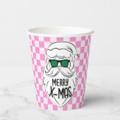 Retro Groovy Pink Checkered Santa Claus Christmas  紙コップ (裏面)