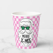 Retro Groovy Pink Checkered Santa Claus Christmas  紙コップ (正面)