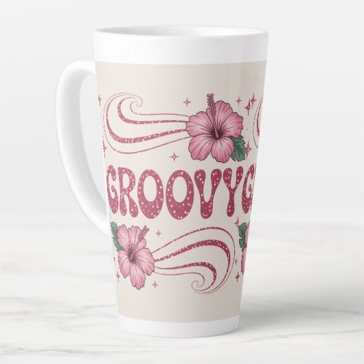 Retro Groovy Pink Hibiscus Latte Mug カフェラテマグ (左アングル)