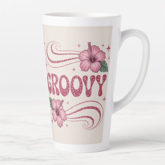 Retro Groovy Pink Hibiscus Latte Mug カフェラテマグ (右)