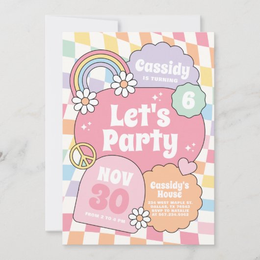 Retro Groovy Rainbow Checker Girl Birthday 招待状 (正面)