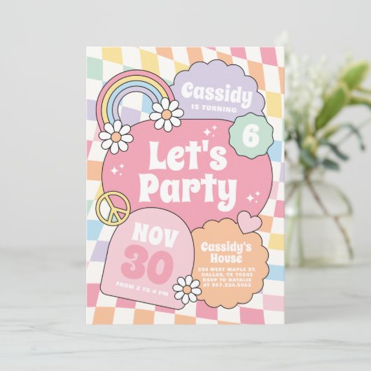 Retro Groovy Rainbow Checker Girl Birthday 招待状 (スタンド正面)