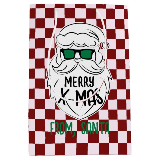 Retro Groovy Red Checkered Santa Claus Christmas  ミディアムペーパーバッグ (正面)