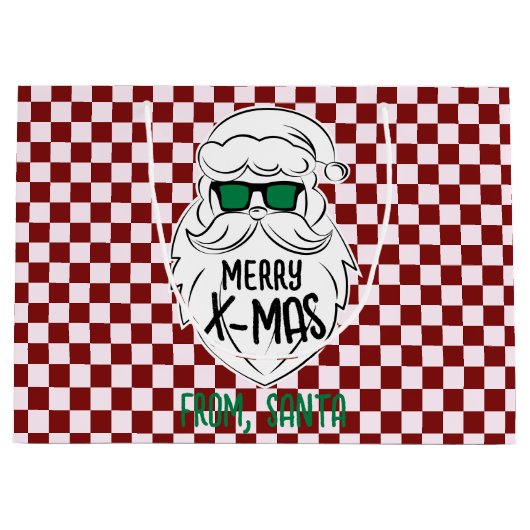 Retro Groovy Red Checkered Santa Claus Christmas  ラージペーパーバッグ (正面)