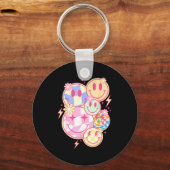 Retro Groovy Smile Face Flower Happy Face Checkere キーホルダー (正面)
