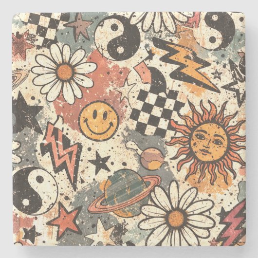 Retro Groovy Smiley Sun Daisy Psychedelic Pattern ストーンコースター (正面)