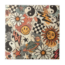 Retro Groovy Smiley Sun Daisy Psychedelic Pattern タイル