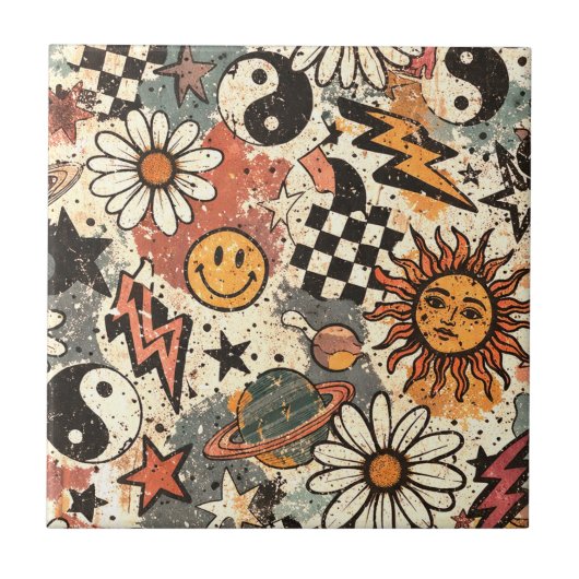 Retro Groovy Smiley Sun Daisy Psychedelic Pattern タイル (正面)