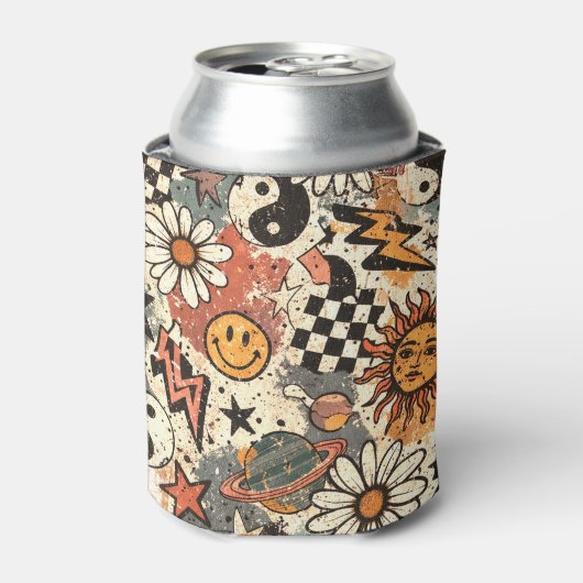 Retro Groovy Smiley Sun Daisy Psychedelic Pattern 缶クーラー (缶正面)