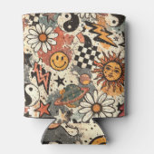 Retro Groovy Smiley Sun Daisy Psychedelic Pattern 缶クーラー (裏面)