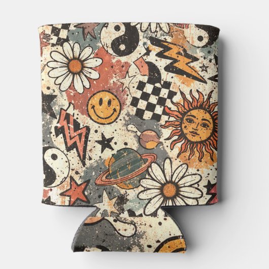 Retro Groovy Smiley Sun Daisy Psychedelic Pattern 缶クーラー (裏面)