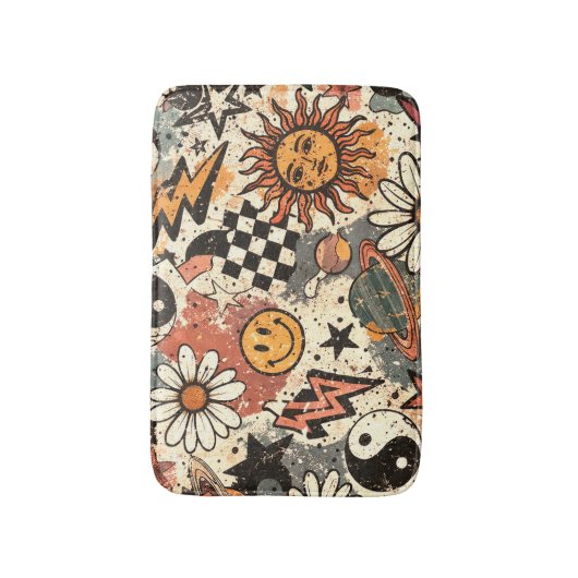 Retro Groovy Sticker Collage Pattern Smiley Face バスマット (正面縦)