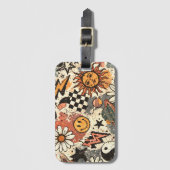 Retro Groovy Sticker Collage Pattern Smiley Face ラゲッジタグ (正面縦)