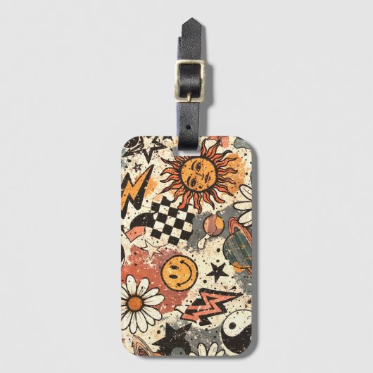 Retro Groovy Sticker Collage Pattern Smiley Face ラゲッジタグ (正面縦)