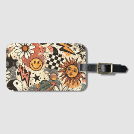 Retro Groovy Sticker Collage Pattern Smiley Face ラゲッジタグ