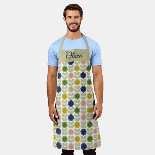 Retro Groovy Summer Flowers Stems エプロン (着用した状態)