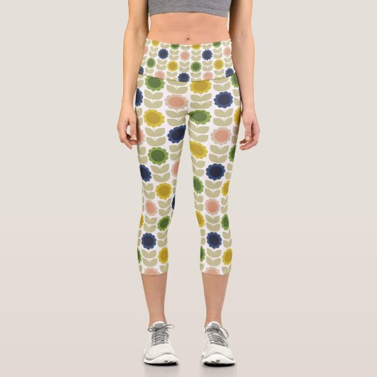 Retro Groovy Summer Flowers Stems カプリレギンス (正面)