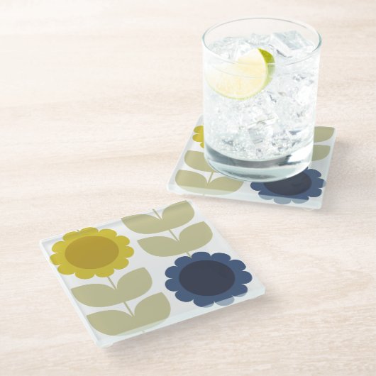 Retro Groovy Summer Flowers Stems ガラスコースター (アングル)