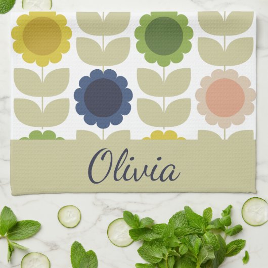 Retro Groovy Summer Flowers Stems キッチンタオル (折り畳み)