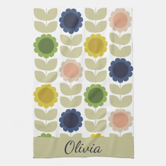 Retro Groovy Summer Flowers Stems キッチンタオル (縦)