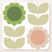 Retro Groovy Summer Flowers Stems スクエアペーパーコースター (正面)