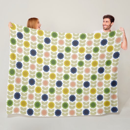 Retro Groovy Summer Flowers Stems フリースブランケット (インサイチュ)
