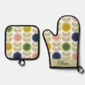 Retro Groovy Summer Flowers Stems 鍋つかみ&鍋敷きセット (正面)