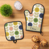 Retro Groovy Summer Flowers Stems 鍋つかみ&鍋敷きセット (トップダウン)
