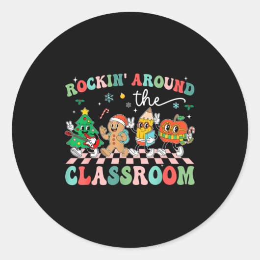 Retro Groovy Teacher Christmas Rockin' Around The  ラウンドシール (正面)
