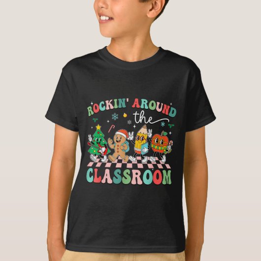 Retro Groovy Teacher Christmas Rockin' Around The Tシャツ (正面)