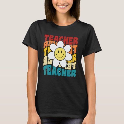 Retro Groovy Teacher Happy Daisy Inspirational Col Tシャツ (正面)
