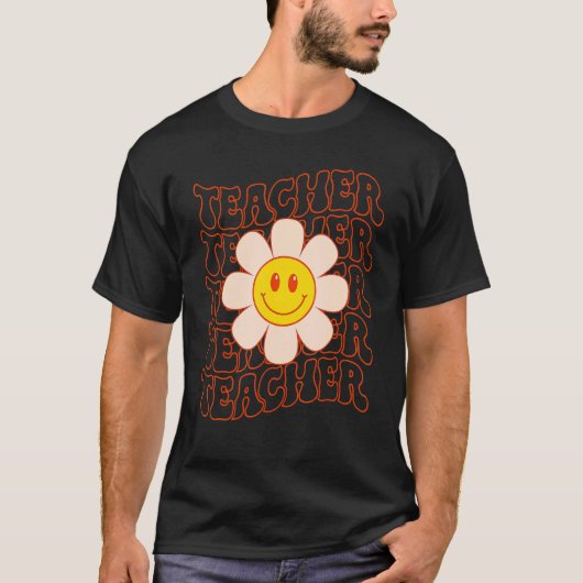 Retro Groovy Teacher Happy Face Cute Daisy Flower Tシャツ (正面)