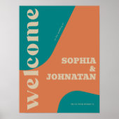 Retro groovy teal beige typography welcome wedding ポスター (正面)