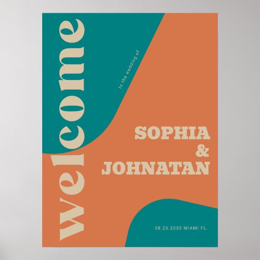 Retro groovy teal beige typography welcome wedding ポスター (正面)
