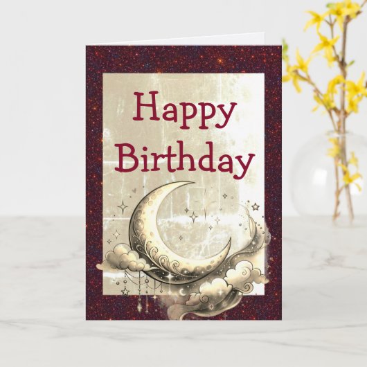 Retro Grunge Moon Birthday カード (黄色い花)