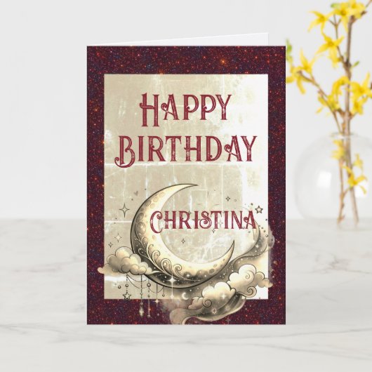 Retro Grunge Moon Birthday Card カード (黄色い花)